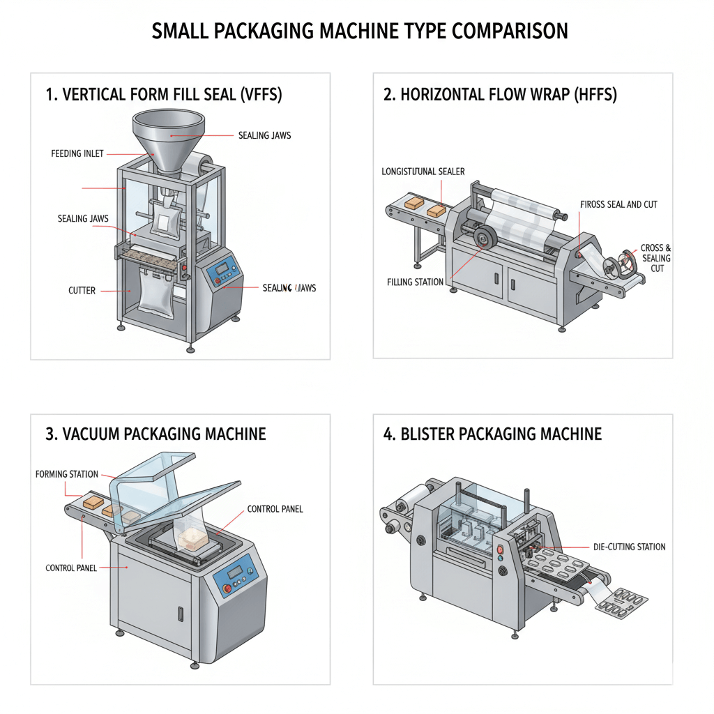 Comparison chart of different small packaging machine types – vertical form-fill-seal, horizontal flow wrapper, vacuum packaging machine, blister packaging machine