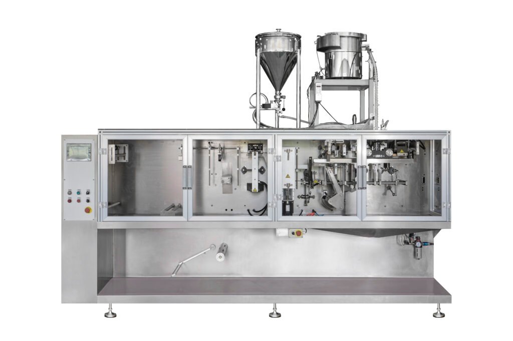 HFFS Fully Automatic Horizontal Roll Film Forming Top Spout Cap Sachet Flat Bag Three Four Seal Pouch Packing Machine For liquid paste cream