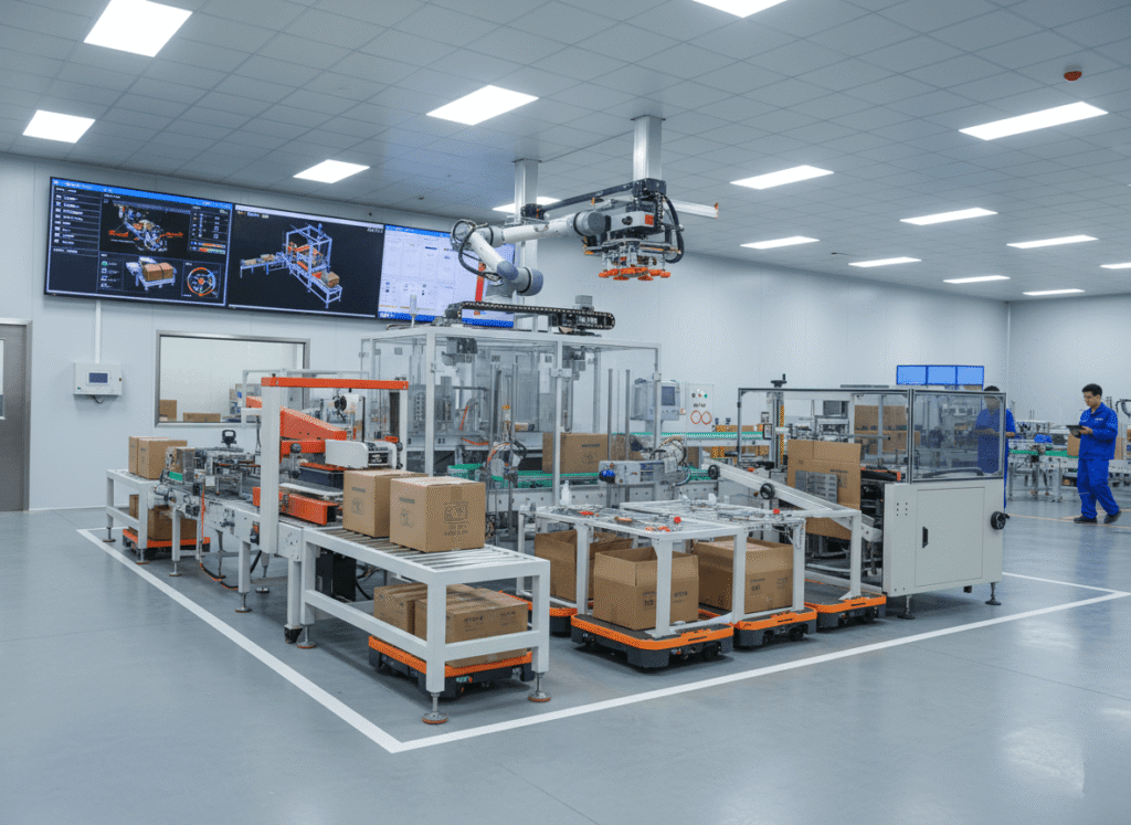 Modern automated packaging line in factory