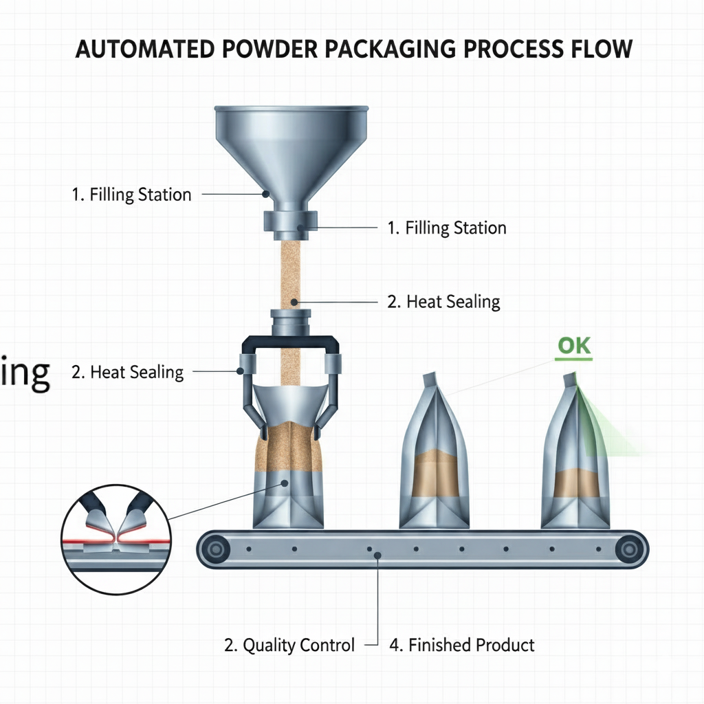 Cross-section diagram showing powder entering and sealing in the package
