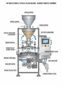 NJP-800 capsule filling machine working principle diagram showing capsule separation, filling, and locking