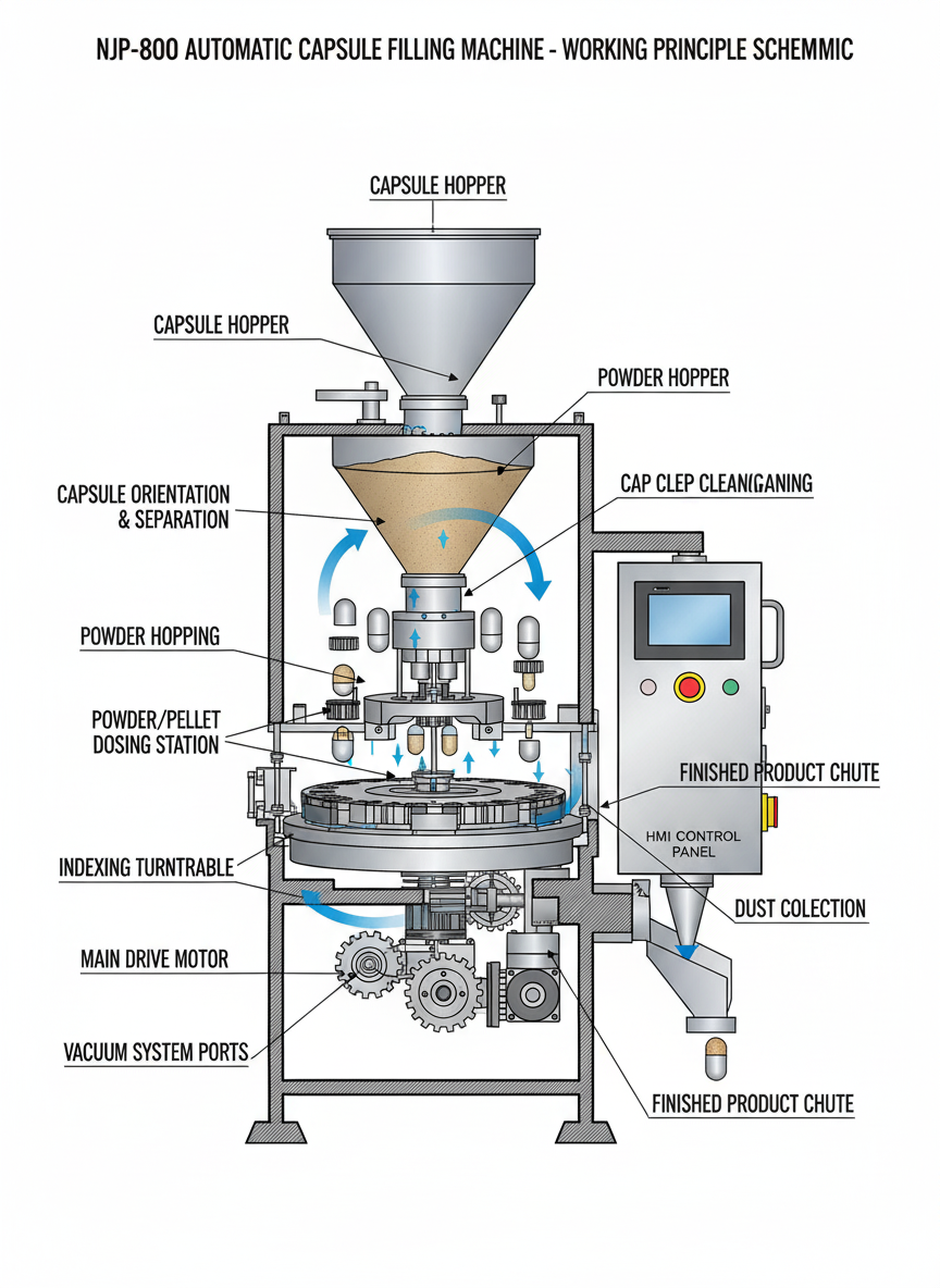 NJP-800 capsule filling machine working principle diagram showing capsule separation, filling, and locking