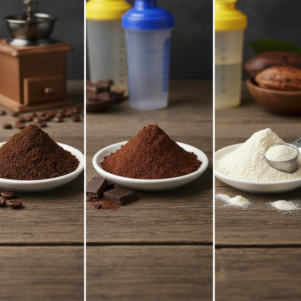 Various types of powders for coffee, cocoa, protein, and spices