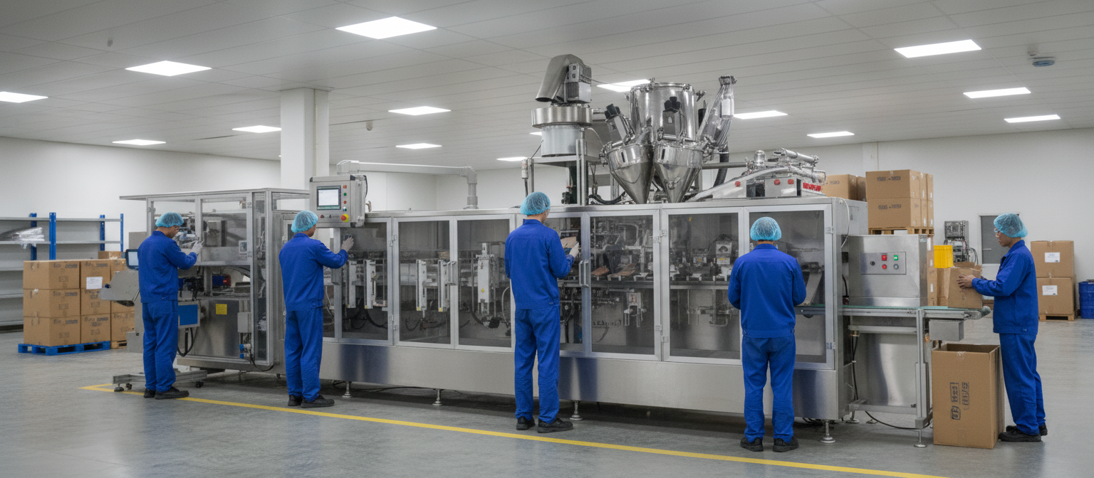 Operator controlling an automatic coffee powder packaging machine