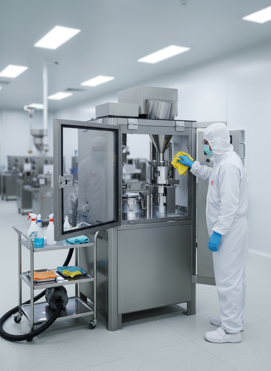 Technician performing maintenance on NJP-800 capsule filling machine at HIJ Machinery client site