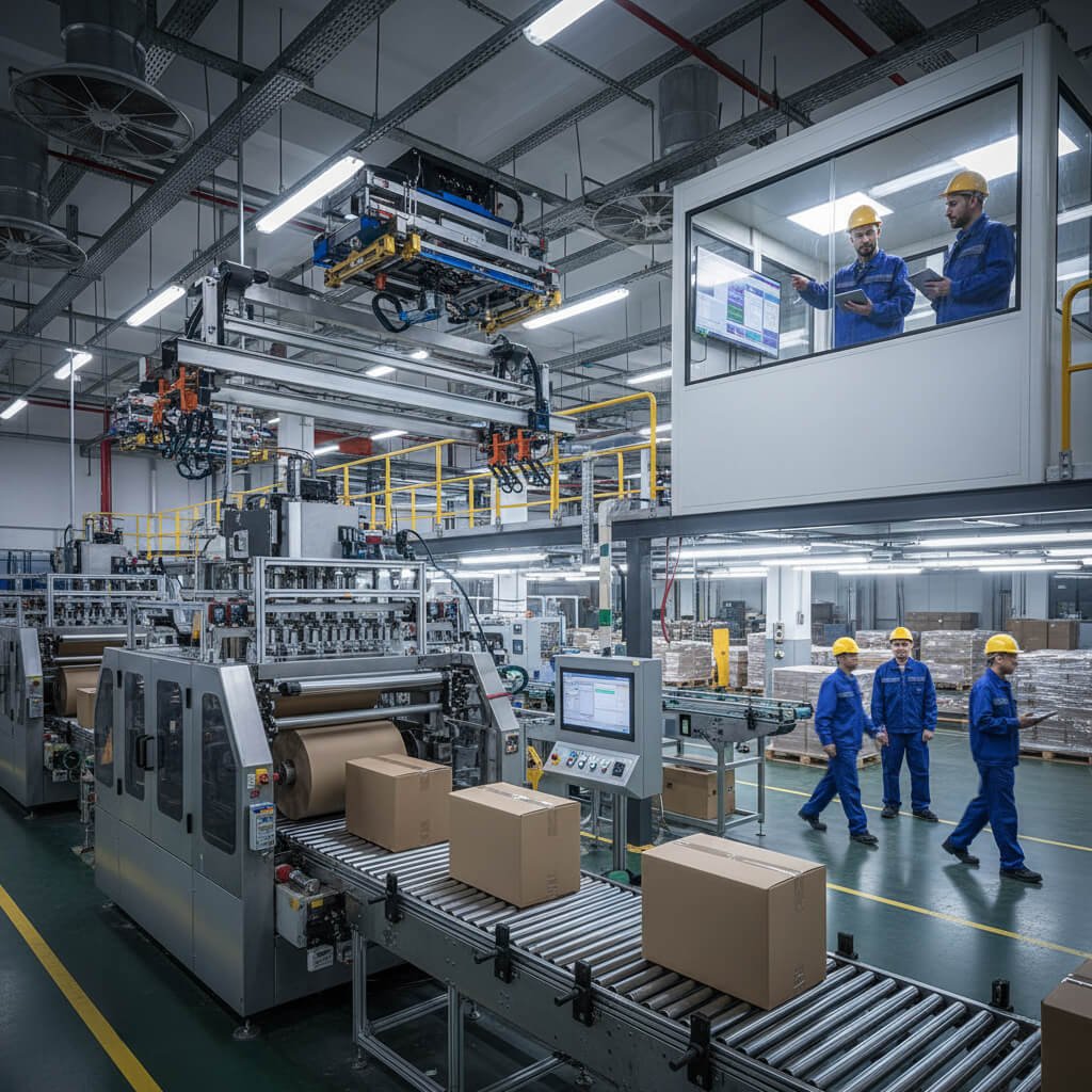 Automatic packaging machine operating in a modern factory production line