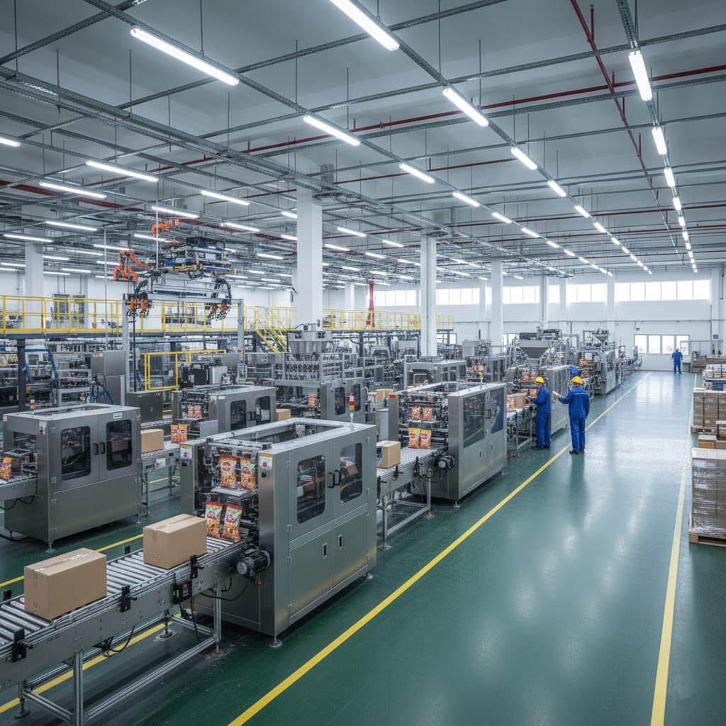 Complete automated packaging production line in a modern manufacturing plant