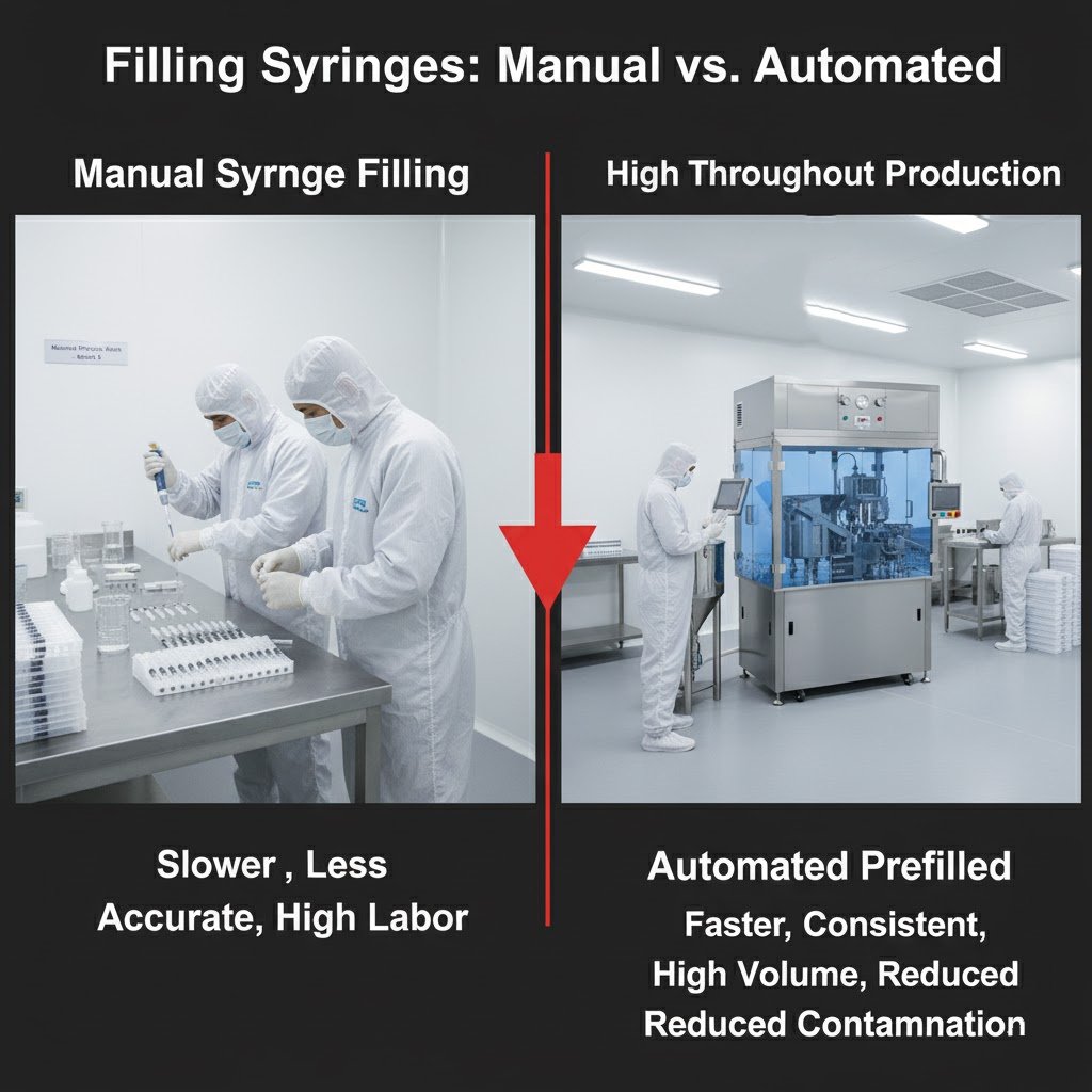 A side-by-side comparison showing manual filling methods versus automated syringe filling technology.