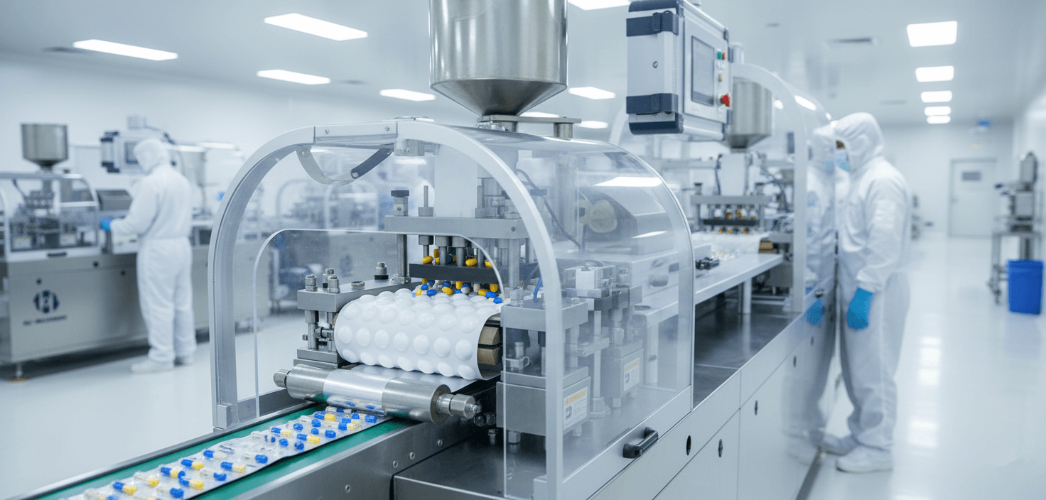 Pharmaceutical production line with DPP-260 blister packaging machine in operation
