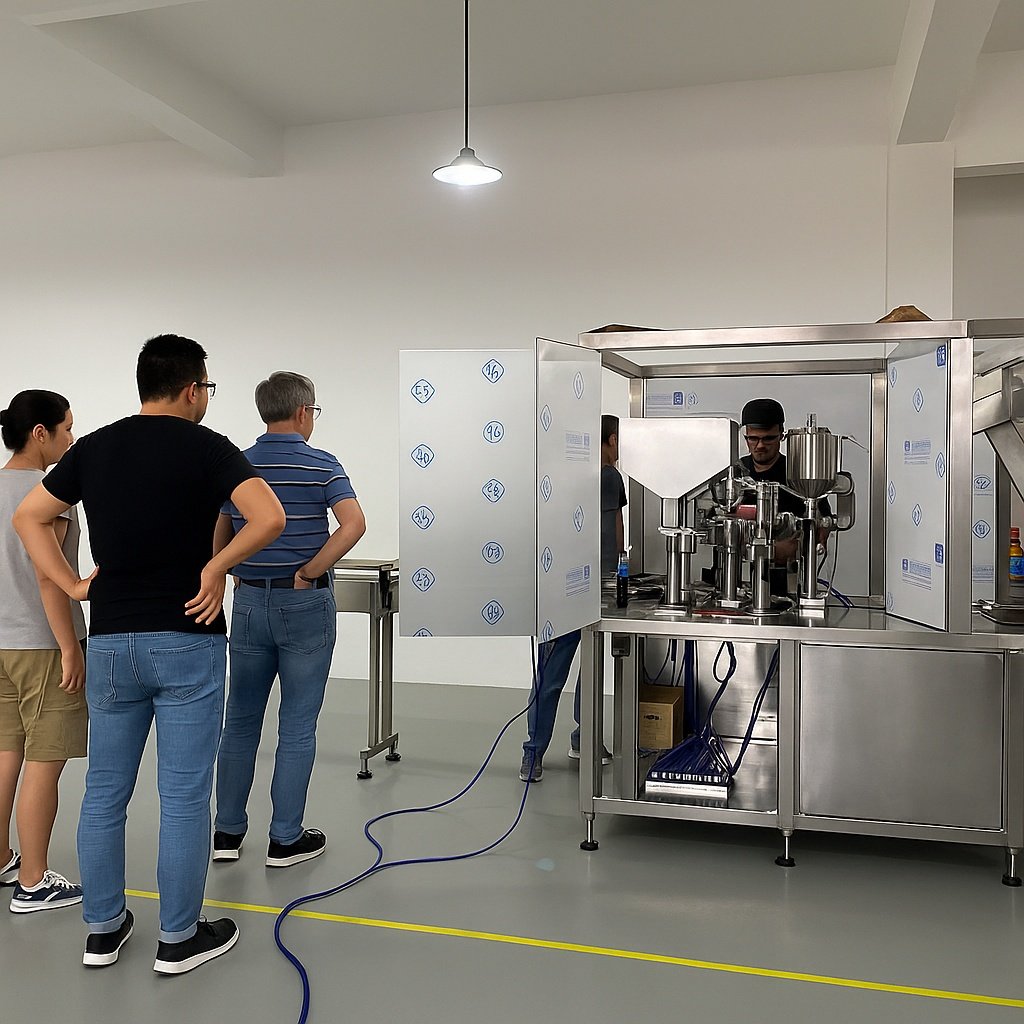 Customers visiting a factory to view automatic prefilled syringe filling machines.