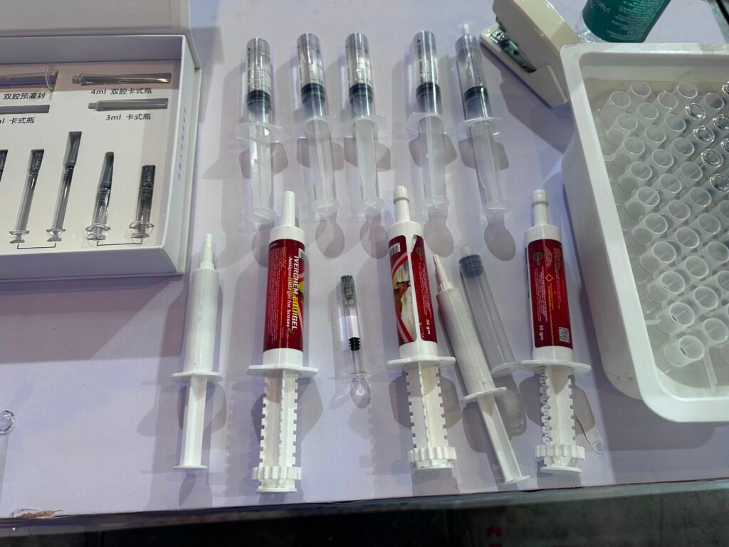 A clear prefilled syringe containing pharmaceutical medication, labeled for single use.