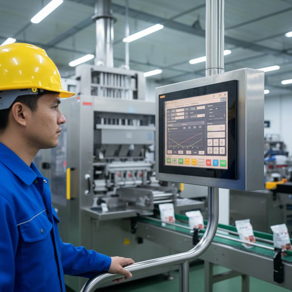 Operator adjusting smart packaging machine parameters through touchscreen interface