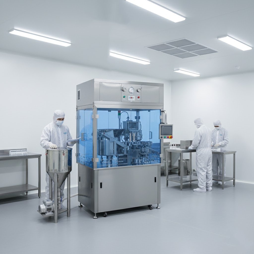 High-quality stainless steel syringe filling equipment used for disposable prefilled syringes.