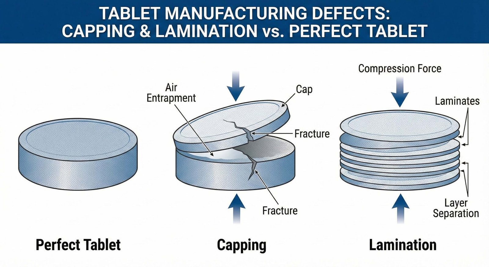 Diagram of tablet capping and lamination defects in pill manufacturing.