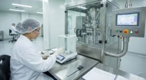 Checking tablet weight consistency on a pharmaceutical tablet press.