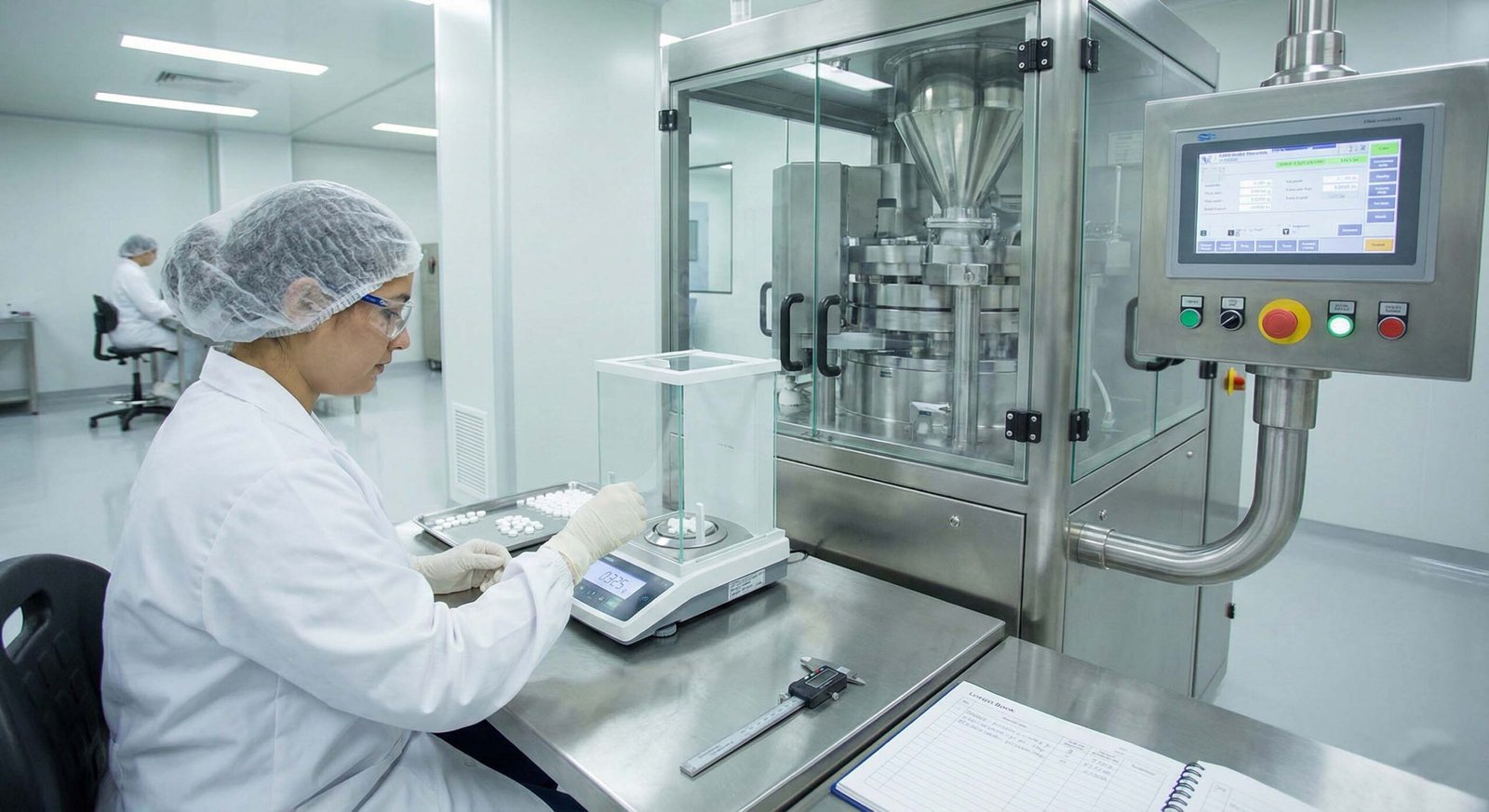 Checking tablet weight consistency on a pharmaceutical tablet press.