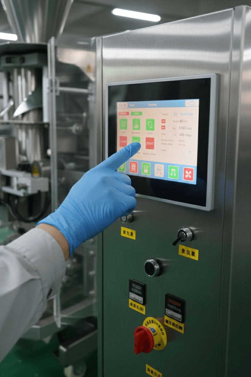 Packing machine operator adjusting settings on a digital control panel.