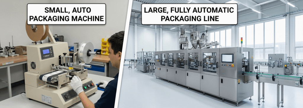 Comparison of semi-automatic vs fully automatic packing machine cost and size.