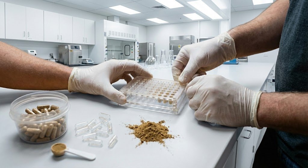 Operator using a manual capsule filler tray with powder and empty capsules for small-batch production