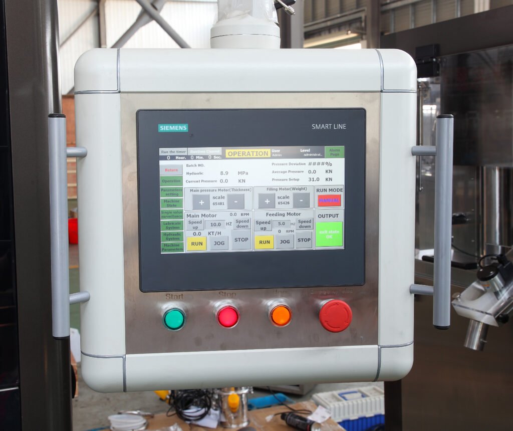 The touchscreen allows you to adjust tablet pressing parameters, such as pressure, speed, and weight control