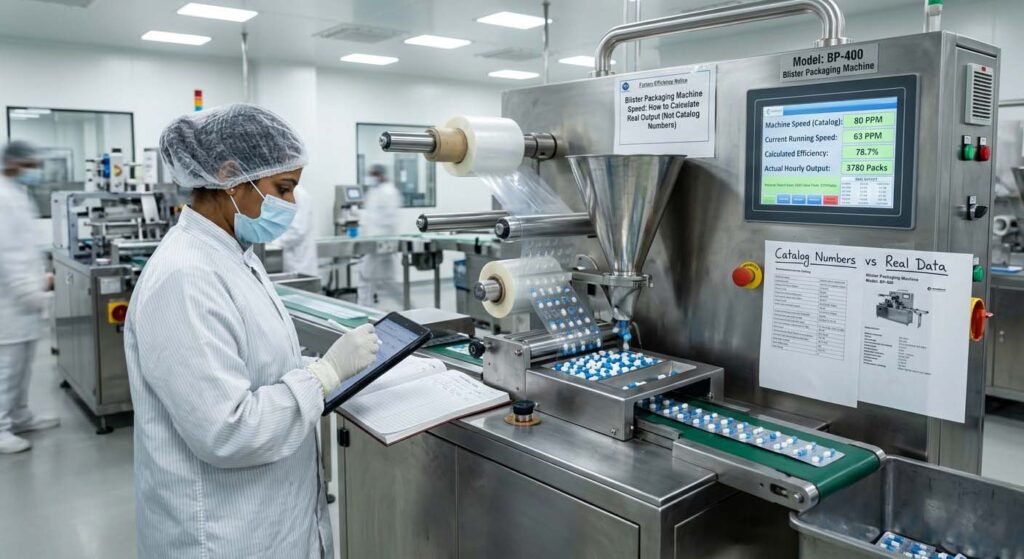 A pharmaceutical machine operator in full PPE looks at a tablet computer while standing beside an active blister packaging machine. The machine's display shows 'Catalog Numbers vs Real Data', with metrics for speed and efficiency, in a brightly lit factory. This image illustrates calculating real output versus catalog speeds.