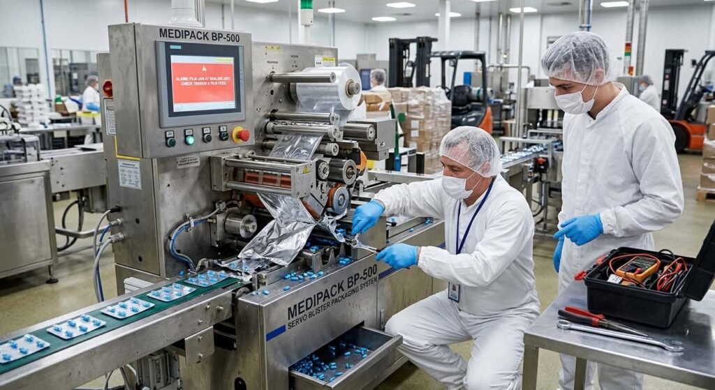 Senior technician instructs a junior technician as they diagnose and repair a faulty component within a pharmaceutical blister packaging line.