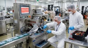 Senior technician instructs a junior technician as they diagnose and repair a faulty component within a pharmaceutical blister packaging line.