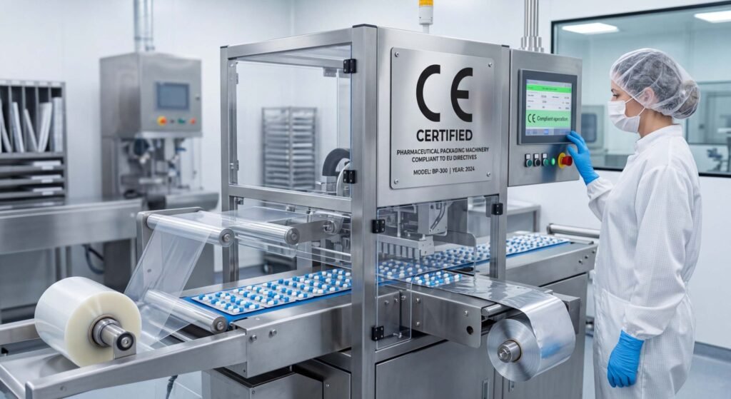 A modern automatic blister packaging machine in a clean pharmaceutical facility, actively forming and sealing blister packs with blue and white capsules.