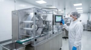 A masked female operator in full pharmaceutical cleanroom PPE interacts with the touchscreen control panel of a large, automated blister packaging machine. The machine is actively processing clear film, and other sterile equipment is visible in the background. A clear plaque on the machine identifies the facility.