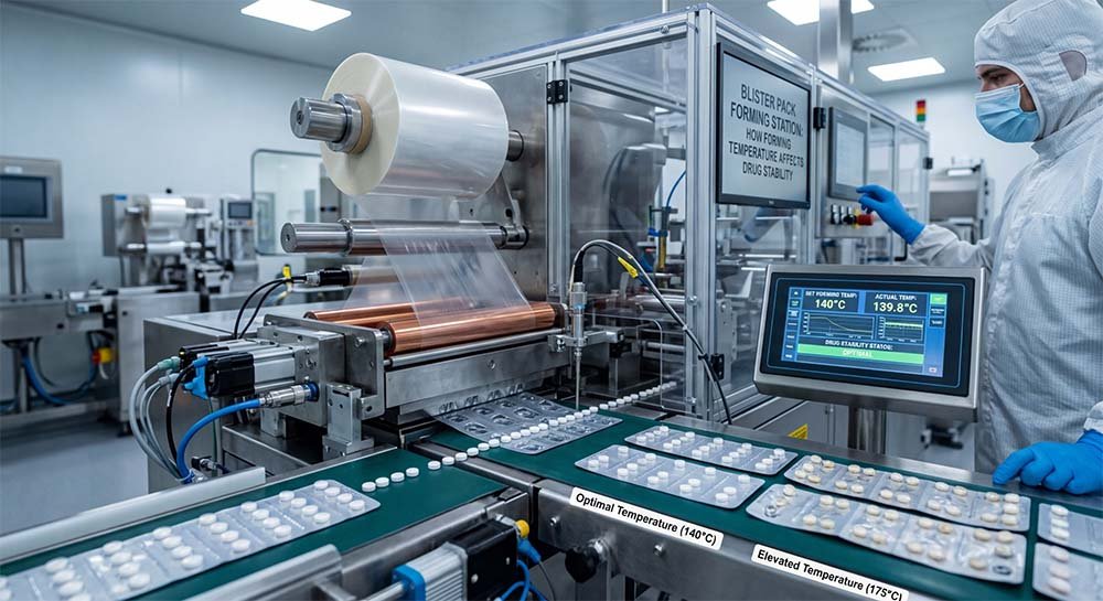 Close-up view of a blister pack forming station with a digital control panel. It compares blister packs formed at an optimal temperature and an elevated temperature, highlighting the visual difference.