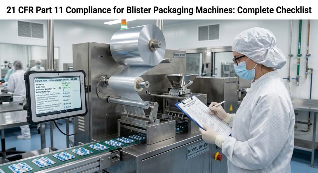 A pharmaceutical QA specialist in a cleanroom auditing a Model BP-400 blister packaging machine. A rugged tablet attached to the machine displays a "21 CFR Part 11 Compliance Checklist" covering audit trails and electronic signatures, while the specialist records data on a clipboard.