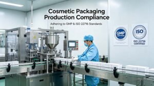 Technical flowchart for ISO 22716 packaging equipment validation, emphasizing the link between design specifications and technical verification (IQ/OQ/PQ).