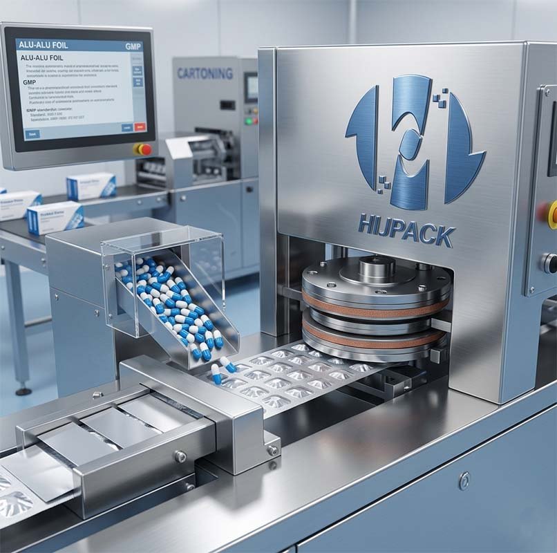 Professional pharmaceutical packaging equipment with HIJPACK branding, featuring an automated capsule feeding system and stainless steel finish.