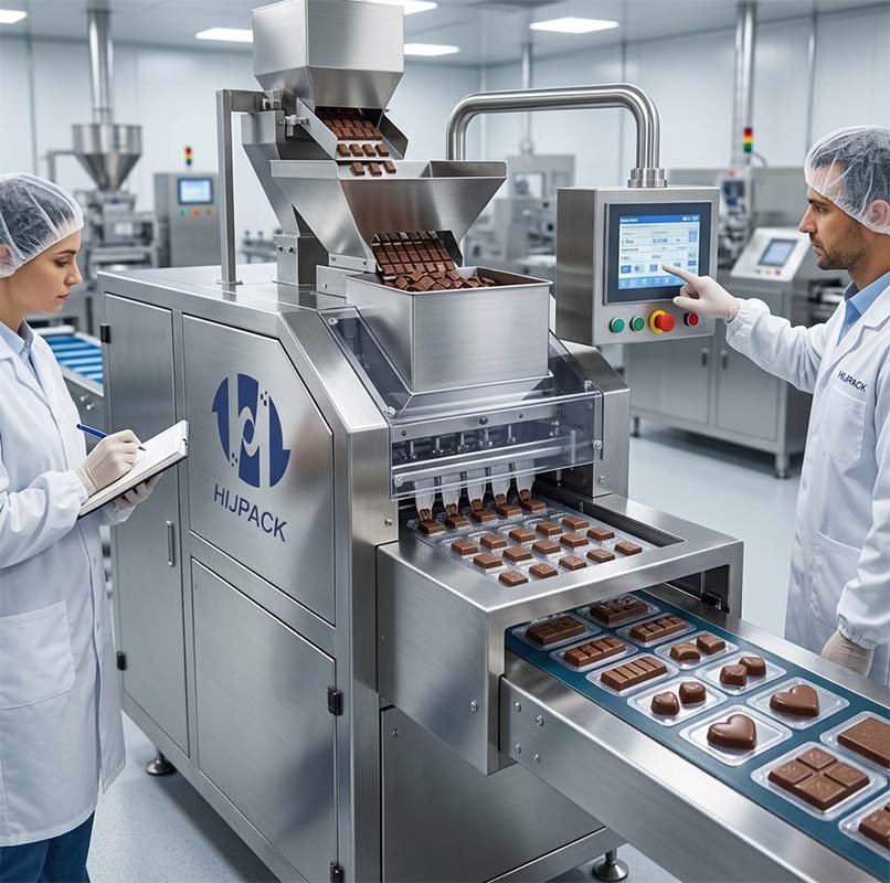 Pharmaceutical and food-grade blister packaging equipment by HIJPACK, showcasing the inspection process and PLC control interface for chocolate bar production.