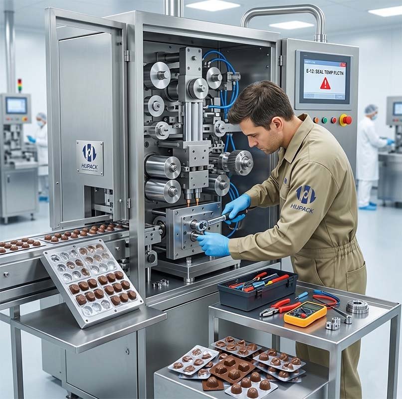 Perspective view of a operational HIJPACK confectionery packing machine in a pharmaceutical-grade cleanroom, undergoing a verified GMP maintenance procedure.