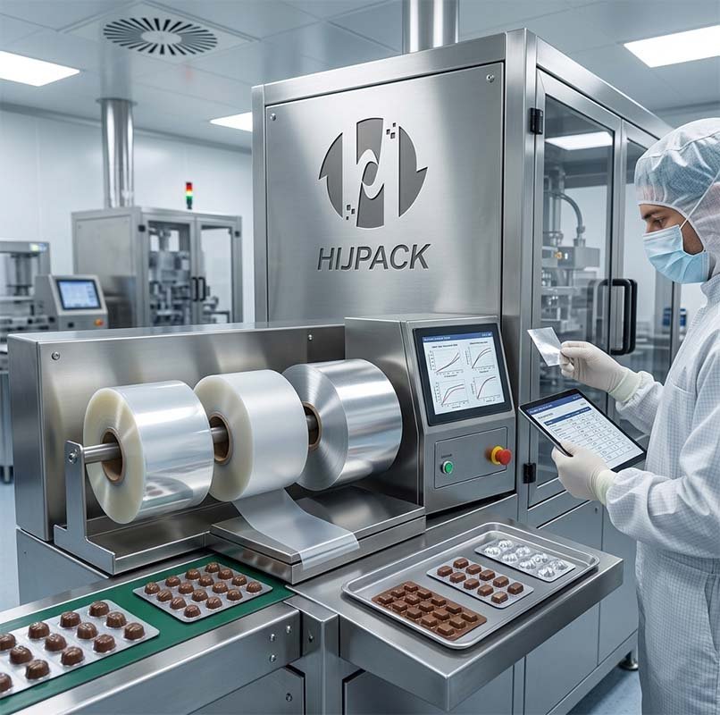 High-standard HIJPACK confectionery packaging machinery demonstrating compatibility with various pharmaceutical-grade blister materials in a cleanroom.
