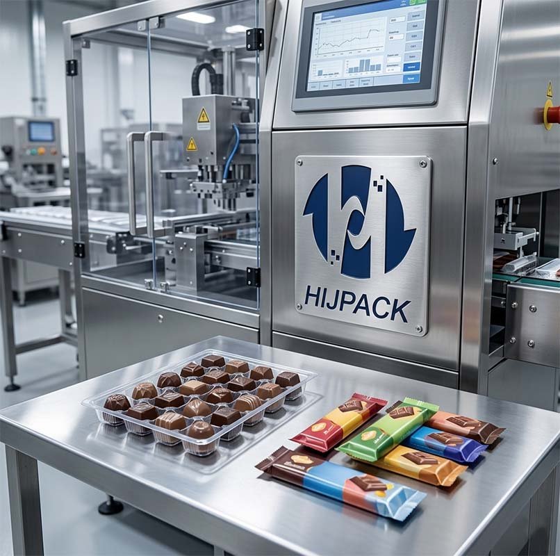 Integrated chocolate packaging solutions by HIJPACK, featuring automated blister packing and flow wrapping equipment in a cleanroom environment.