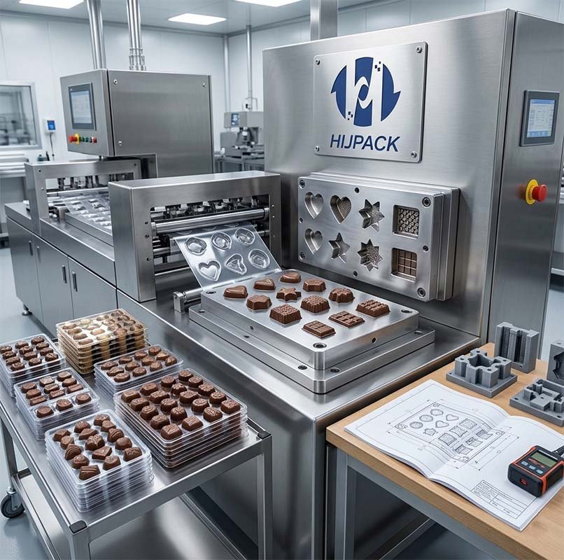 An operational HIJPACK confectionery packing machine on a pristine factory floor, featuring intricate multi-cavity custom mold designs for geometric chocolates.