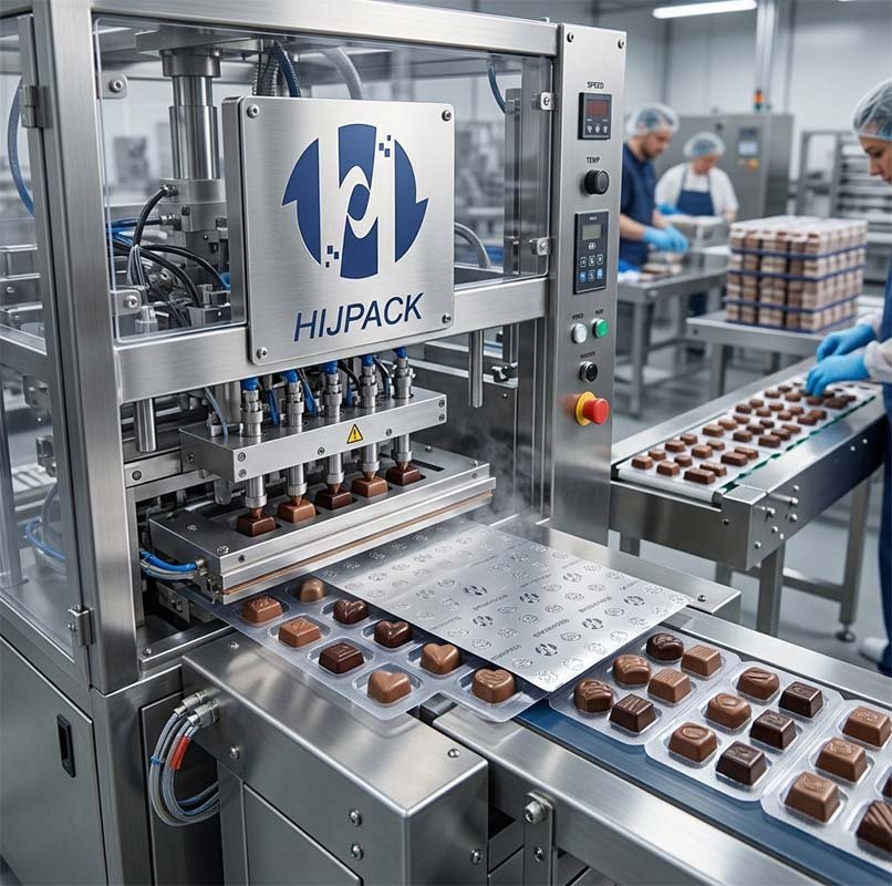 Detailed view of the filling and sealing station on a HIJPACK chocolate blister machine, demonstrating high-speed automated production in a cleanroom.