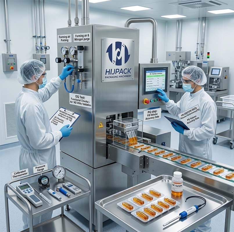 High-end HIJPACK liquid packaging machine during a certified performance qualification (PQ) test, ensuring consistent filling accuracy for honey-like liquids in a sterile facility.