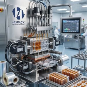 An operational HIJPACK liquid packaging line in a professional factory, showcasing the ability to handle various materials like PVC, PVDC, and Alu foil for high-value liquid products.