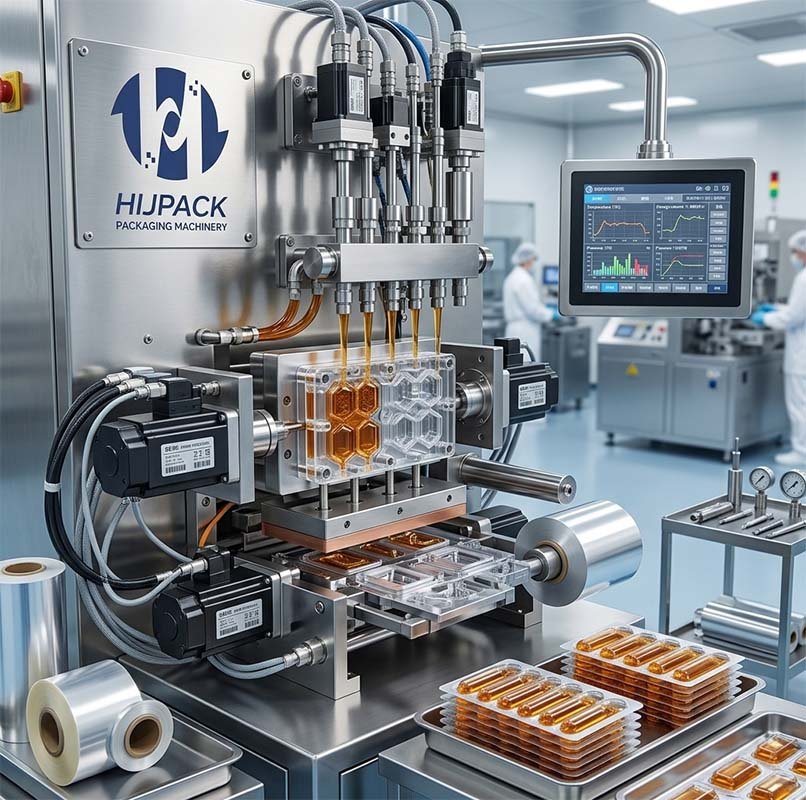 An operational HIJPACK liquid packaging line in a professional factory, showcasing the ability to handle various materials like PVC, PVDC, and Alu foil for high-value liquid products.