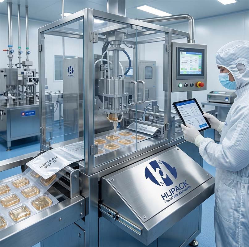 Advanced HIJPACK pharmaceutical liquid filling and sealing machine with integrated HMI control panel, operating in a certified Class 100 cleanroom environment.