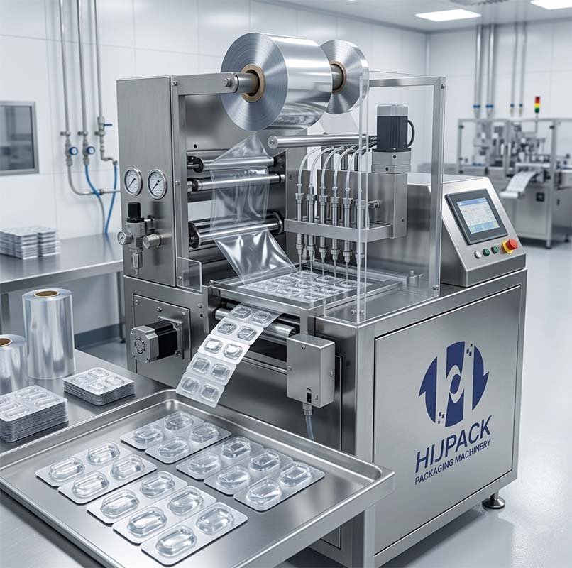 Professional HIJPACK liquid filling and sealing line for unit-dose packaging, featuring stainless steel construction and digital HMI control panel in a sterile facility.