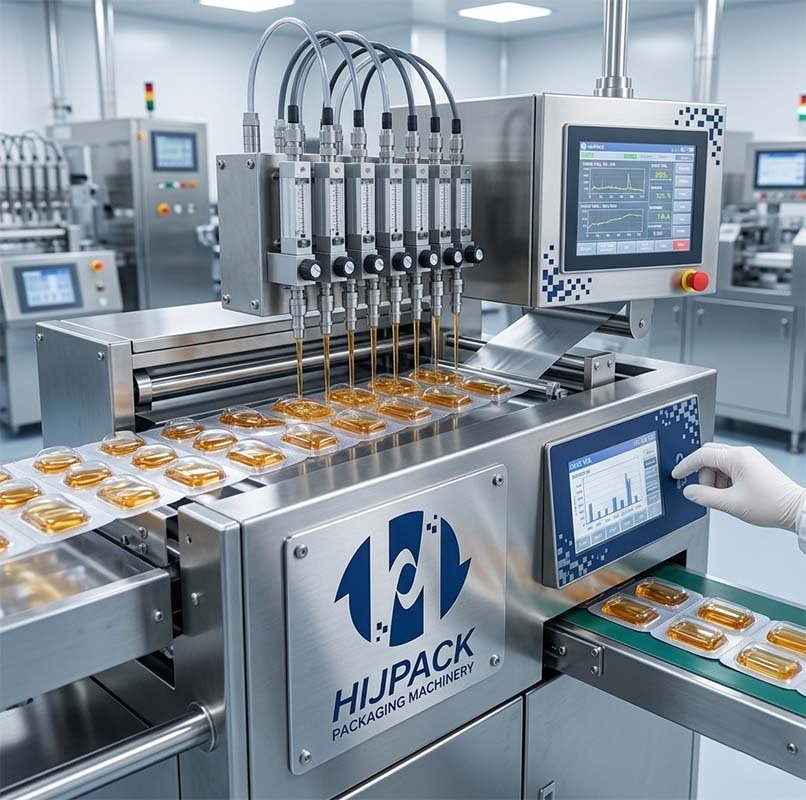 An automated HIJPACK liquid blister packaging line operating in a sterile GMP cleanroom, showcasing integrated PLC controls and high-speed production of individual liquid doses.