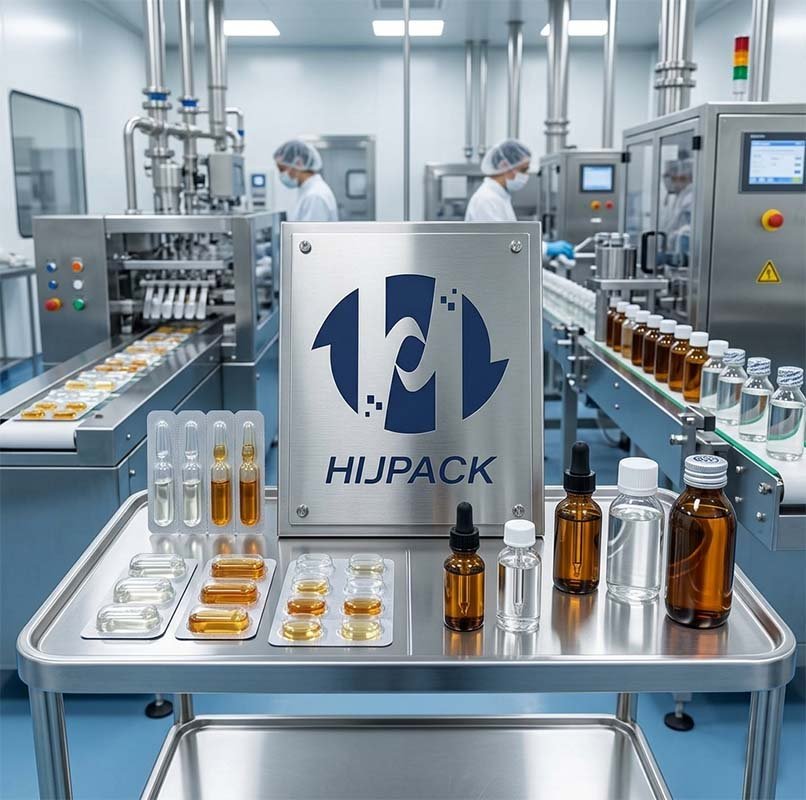 Operational industrial liquid packaging facility by HIJPACK, featuring integrated systems for both blister thermoforming and high-speed bottle filling in a sterile environment.