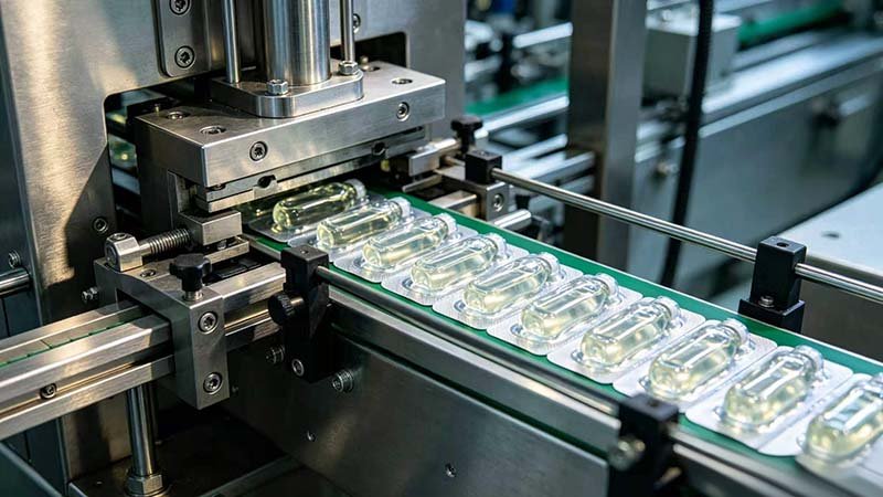 A conveyor belt moving a row of perfectly filled liquid vials in blister packs, demonstrating consistent fill levels and professional sealing.
