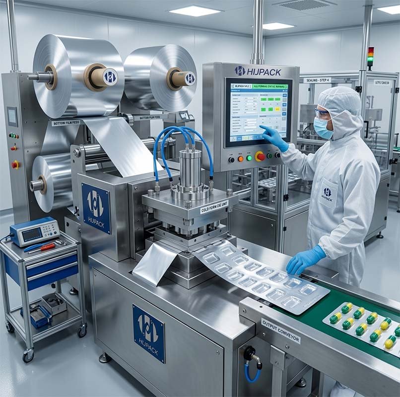 An operator adjusting the HMI screen of an Alu-Alu blister packaging machine during the cold form aluminum protection process.