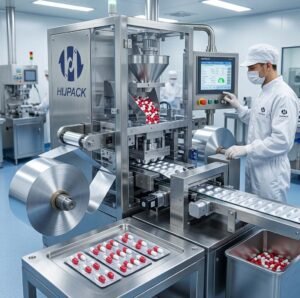 Professional operator managing a high-speed aluminum-aluminum blister packaging line for red and white capsules.