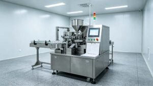 Trustar packaging equipment undergoing rigorous blister machine validation IQ OQ PQ with a visible compliance checklist on the machine panel.
